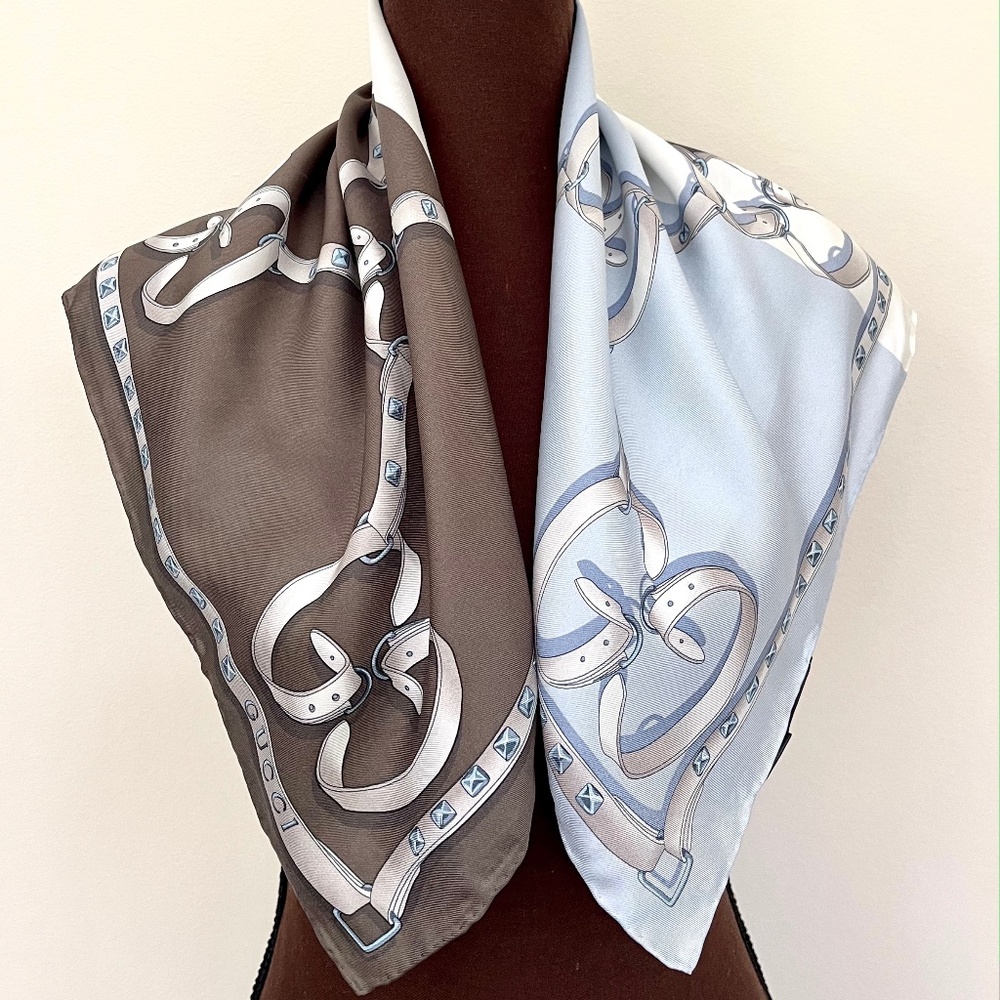 Gucci Logo Chains Color-Block Brown Blue GG Silk Scarf with Gucci Gift Box